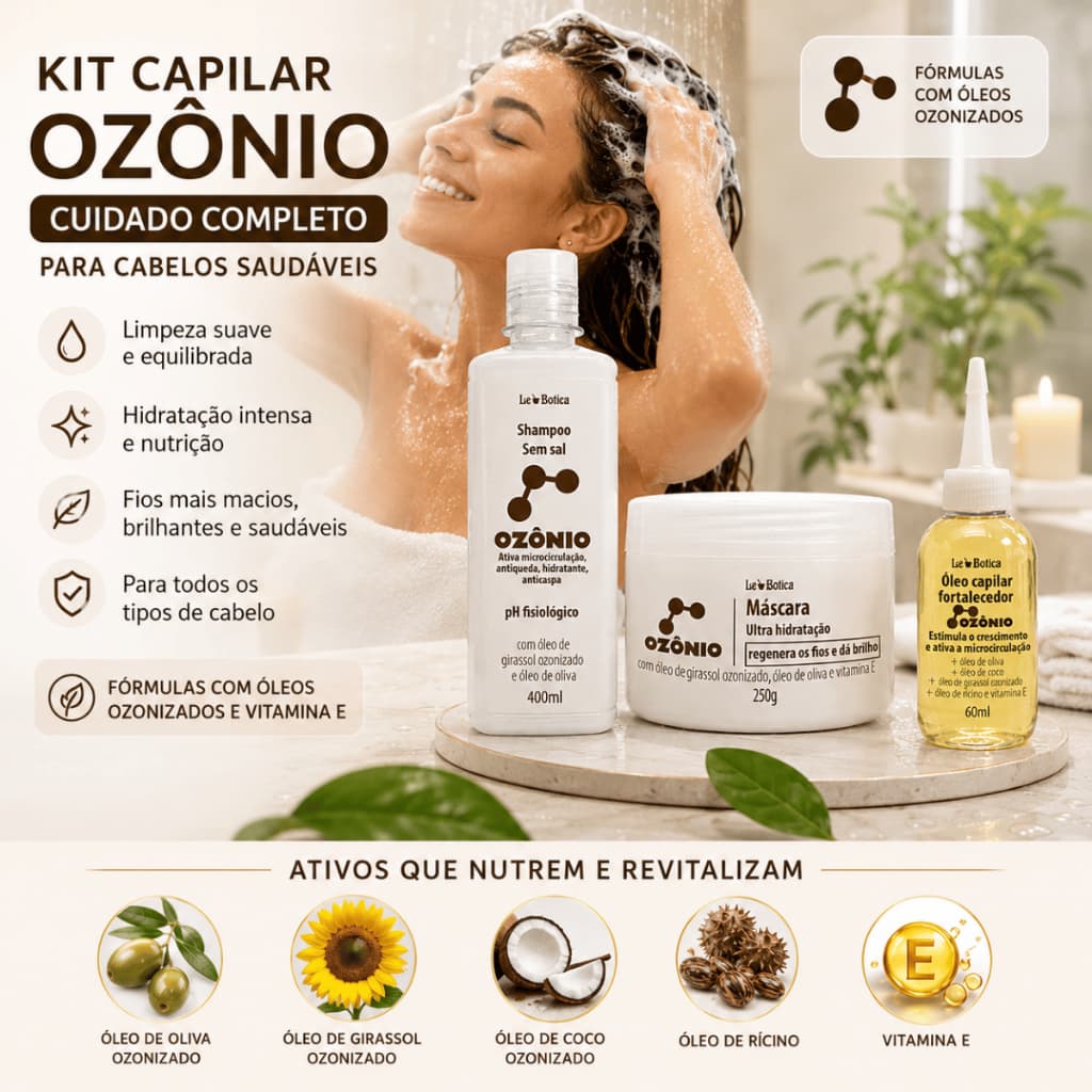 Kit Capilar Ozônio Todos Tipos de Cabelos Shampoo Ozônio sem Sal Antiquedas Hidratante Anticaspa
