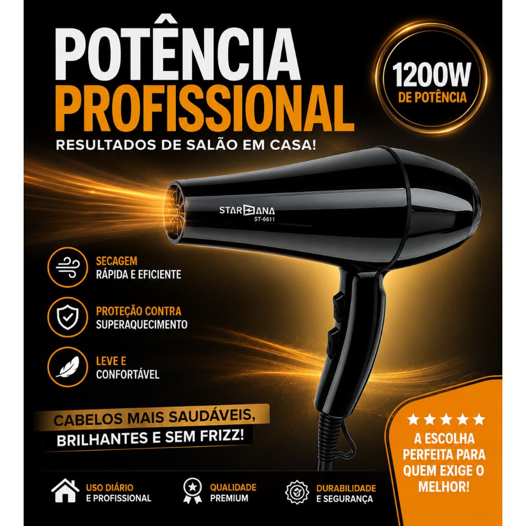 Secador De Cabelo Profissional 1200W Star Ana Com Proteção Térmica Potente Preto