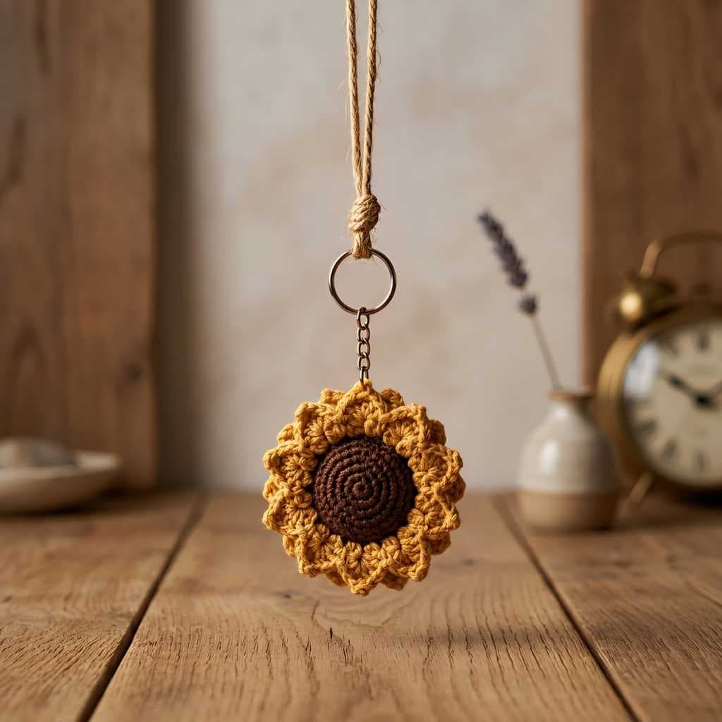 Chaveiro Girassol em Crochê Ouro Tabaco Amigurumi Lembrancinha Mimo Brinde Bruna Ateliê