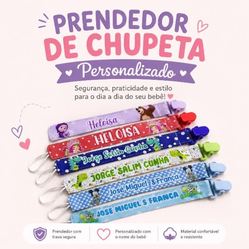 Prendedor de chupetas  com nome do seu bebê