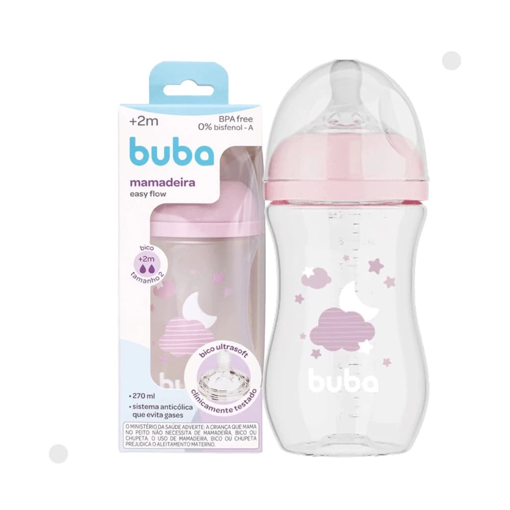 Mamadeira Easy Flow Nuvem Rosa 270ml Buba Anticólica Infantil Bebê