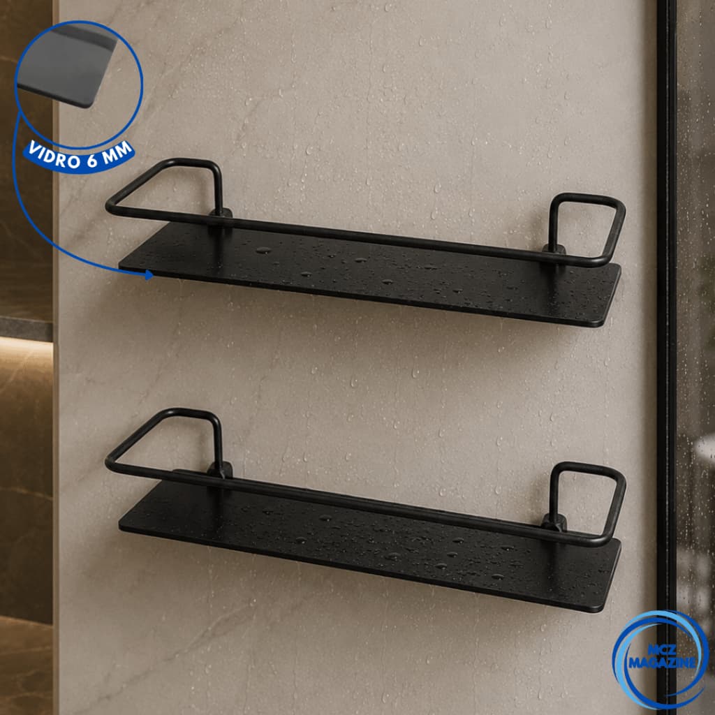 Kit 2 Prateleira Porta Shampoo Preto Banheiro Alumínio Vidro Reto Antiferrugem Suporte Parede Organizador
