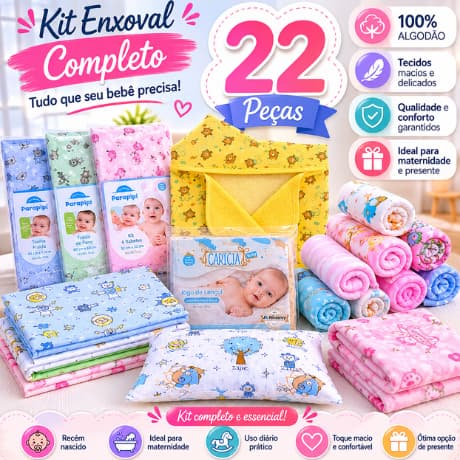 Kit Enxoval de Bebê 22 Peças Completo Fralda Cueiro Toalha 100% Algodão