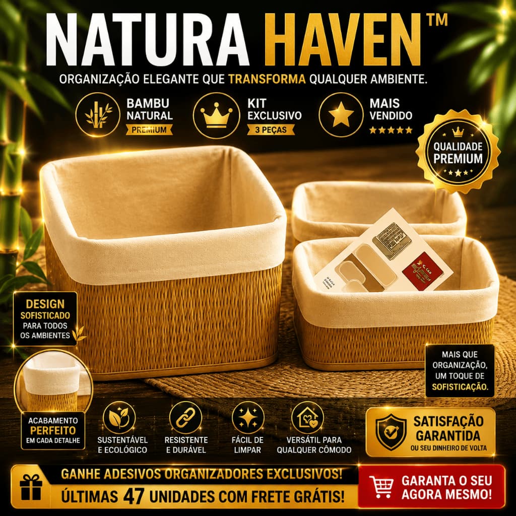 Kit 3 Cestos Organizadores em Bambu Natural Multiuso Natura Haven™ para Banheiro Cozinha Escritório Caixa Organizadora