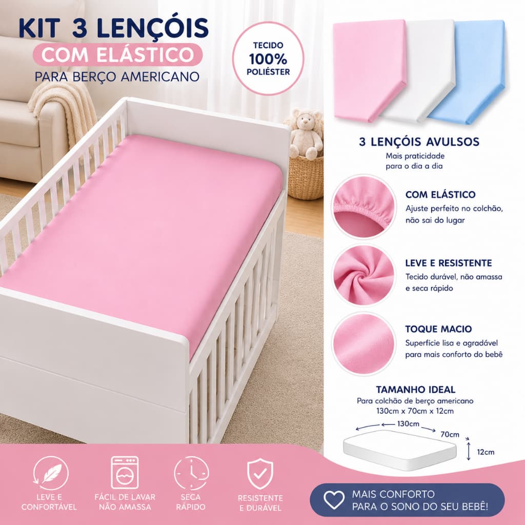 Kit 3 Lençol de Berço Americano de Bebê Avulso com Elástico - Kit enxoval Creche