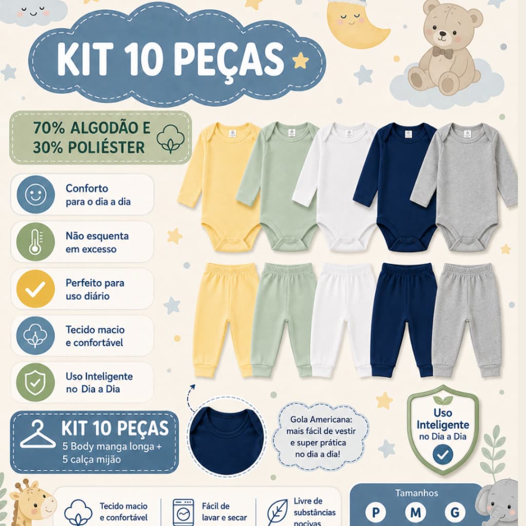 Kit 5 Conjuntos 10 Peças Body Manga Longa e Calça Mijão Bebe Inverno