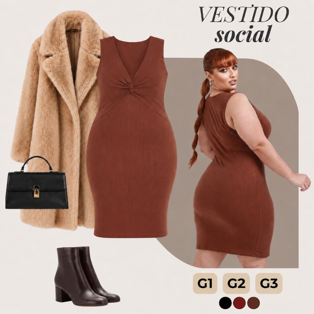 Vestido Feminino Midi Plus Size Elegante Decote V Modelador Nozinho G1 ao G3