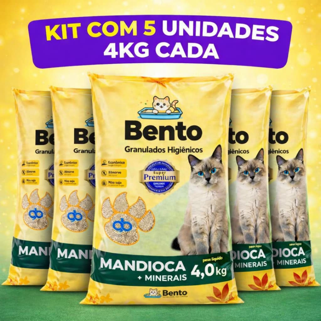 Kit 5un. Bento Areia Sanitária Higiênica Para Gatos Anti Odor Bentonita + Mandioca 20kg Total