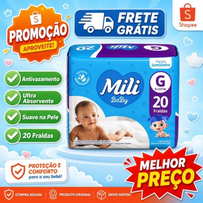 Fralda Descartável Infantil Bebê Ultra Seca MILI BABY JUMBINHO P/M/G/XG/XXG/ 20Unid