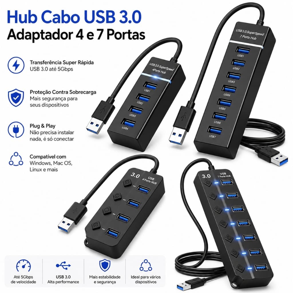 Hub Cabo USB 3.0 Adaptador 4 e 7 Portas Alta Velocidade Notebook PC Teclado 5Gbps Speed Pen Drive