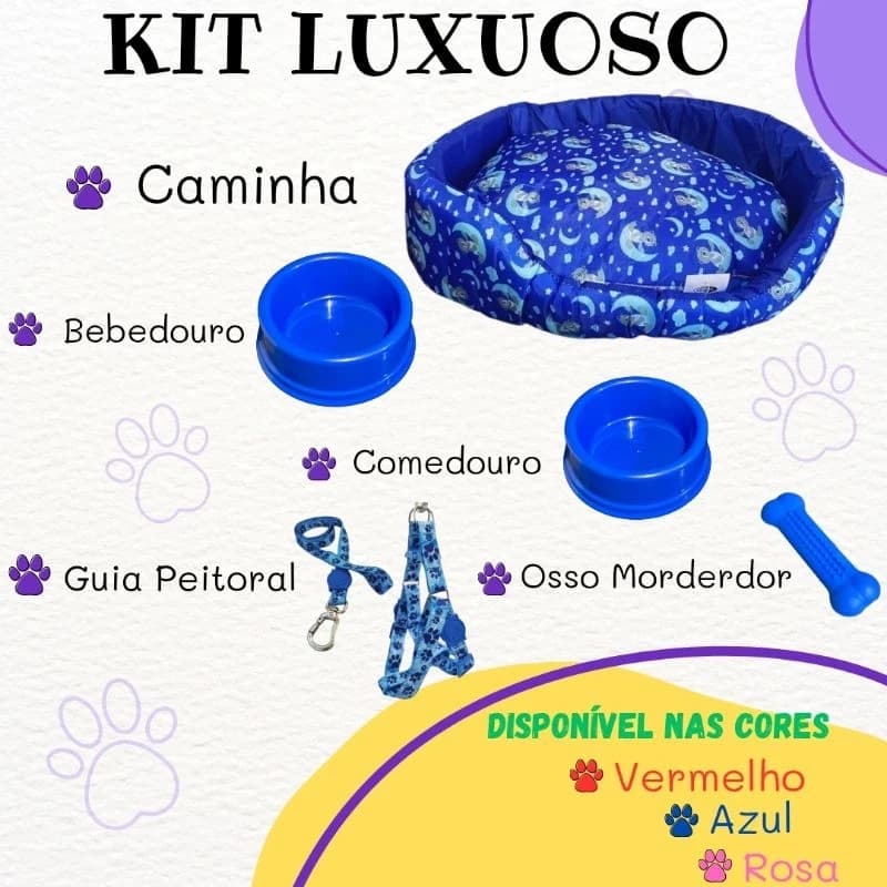 Kit Pet Luxo Completo Para Cachorro Pequeno Caminha Comedouro Guia e Coleira