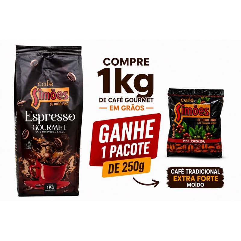 Café Gourmet Espresso Torrado em Graos 1kg + Brinde 250g Tradicional Extra Forte Torrado e Moído | Oferta Especial