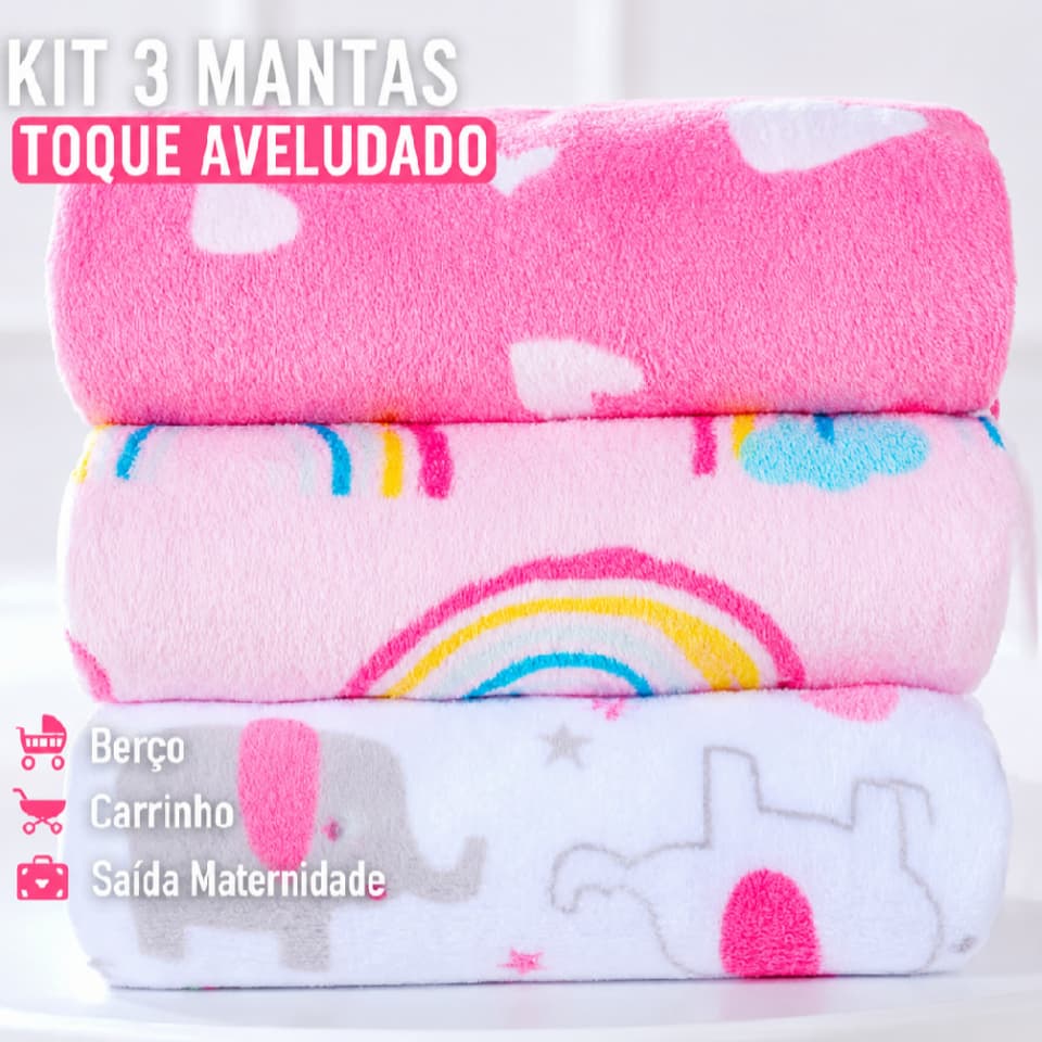 Kit 3 Manta Cobertor De Bebê Estampada 1,00 x 0,80m Menina e Menino Cobertinha De Berço