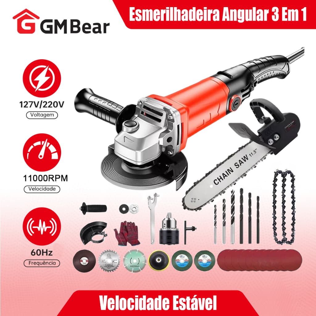 GM Bear Esmerilhadeira Angular 3 em 1 - Com Lixadeira, Furadeira e Motosserra, Versátil e Potente para Uso Profissional