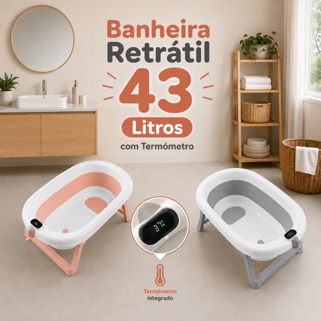 Banheira Retrátil Prakt 43L para Banho Bebê  Antiderrapante com Termômetro nas cores Cinza e Branco ou Rosa e Branco