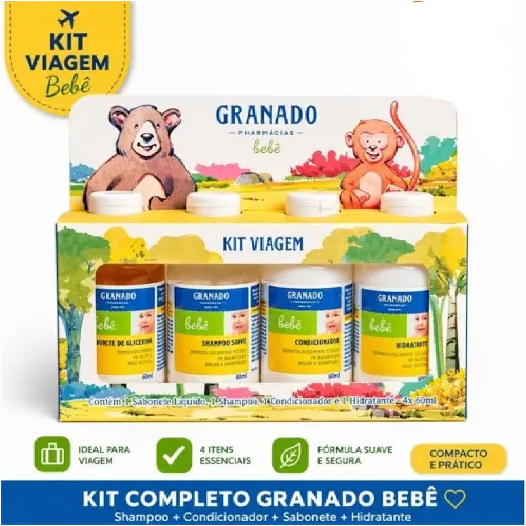 Kit Viagem Do Bebê, 60ml, 4 Unidades Miniaturas de Shampoo,  Condicionador, Sabonete Líquido e Hidratante.