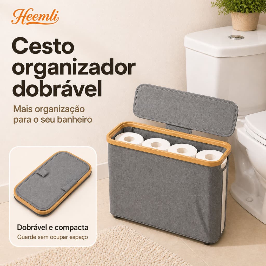 Cesto Organizador Dobrável com Tampa e Visor para Banheiro Quarto Guarda Roupa Heemli