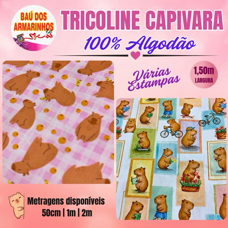 Tricoline de Capivara 1,50m larg – 50cm | 1m | 2m - 100% Algodão - Artesanato e Patchwork