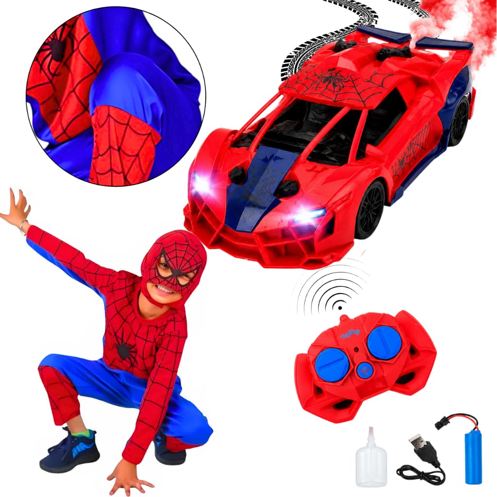 Kit Carrinho de Controle Remoto + Fantasia do Homem Aranha Brinquedo Infantil Presente Menino