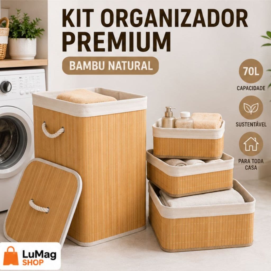 Kit Organizador Bambu Cesto 70L Tampa + 3 Cestos P M G Multiuso Premium Banheiro Quarto Cozina