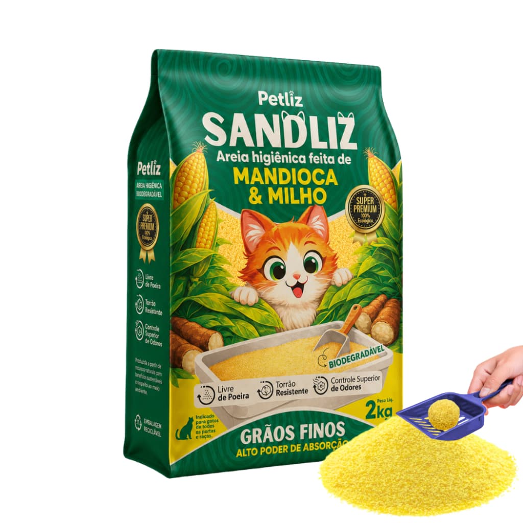Areia Sanitária Higiênica Natural Premium Grãos Finos de Milho e Mandioca Gatos Sandliz Petliz 2 kg