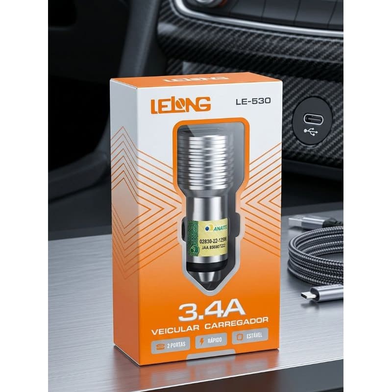 Carregador Veicular Rápido Lelong LE-530 3.4A Duas Portas USB Tipo-C