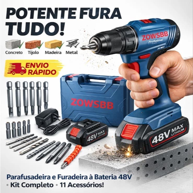 Furadeira parafusadeira ZOWSBB GSR 185-li 48v Brushless Furadeira elétrica 2 Baterias furadeira de impacto elétrica