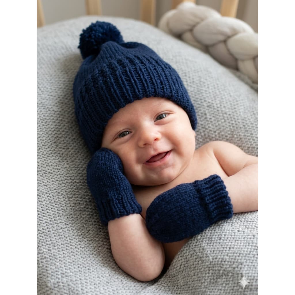 Kit Touca e Luva tricô Bebê Recém Nascido Saída Maternidade Enxoval Gorro+luva  -Azul Marinho- Tricô Macio e Confortável
