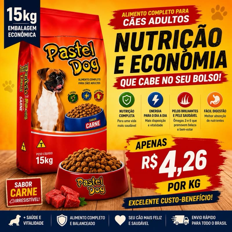 Ração Para Cachorro Adulto 15kg Pastel Dog Sabor Carne | Alimento Completo Para Cães Adultos | Econômica e Nutritiva