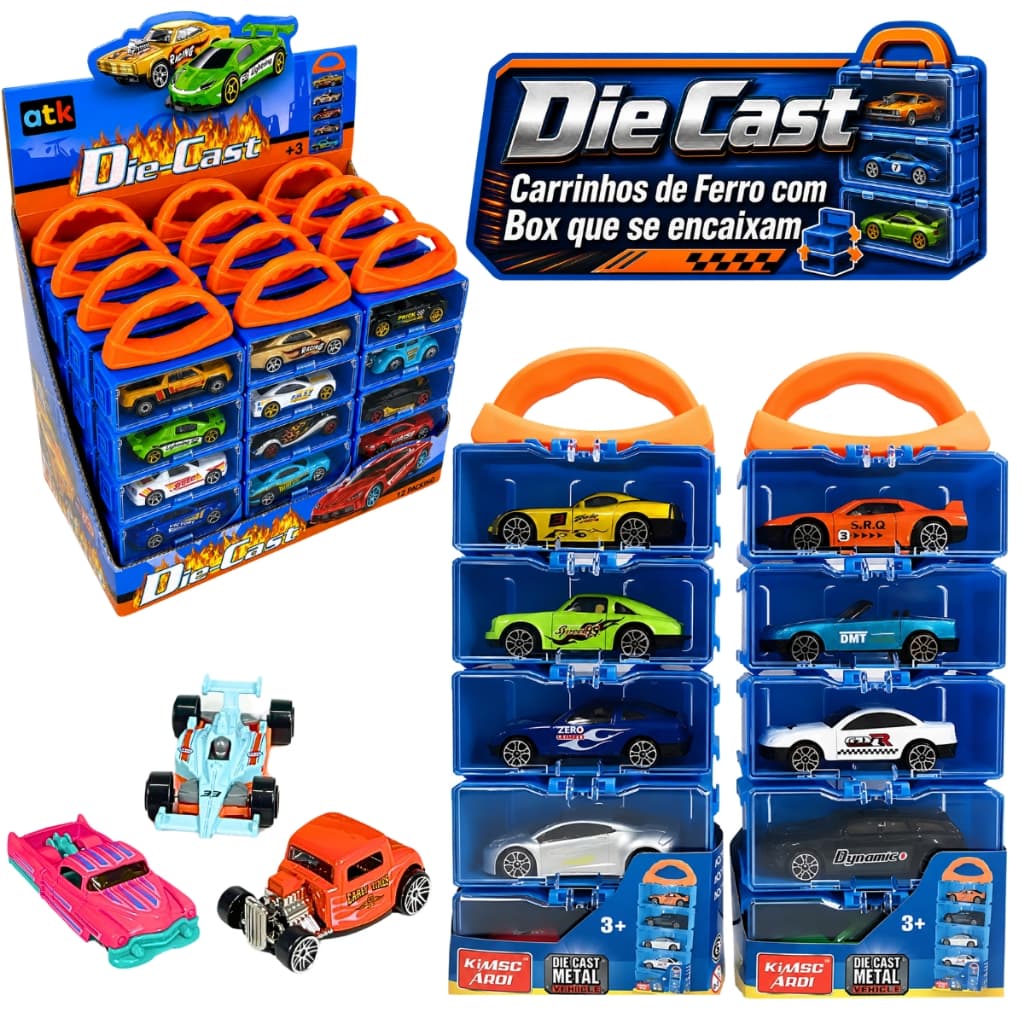 Kit Maleta 10 Carrinhos De Ferro Miniatura Resistente Compatível Hotwheels Die Cast