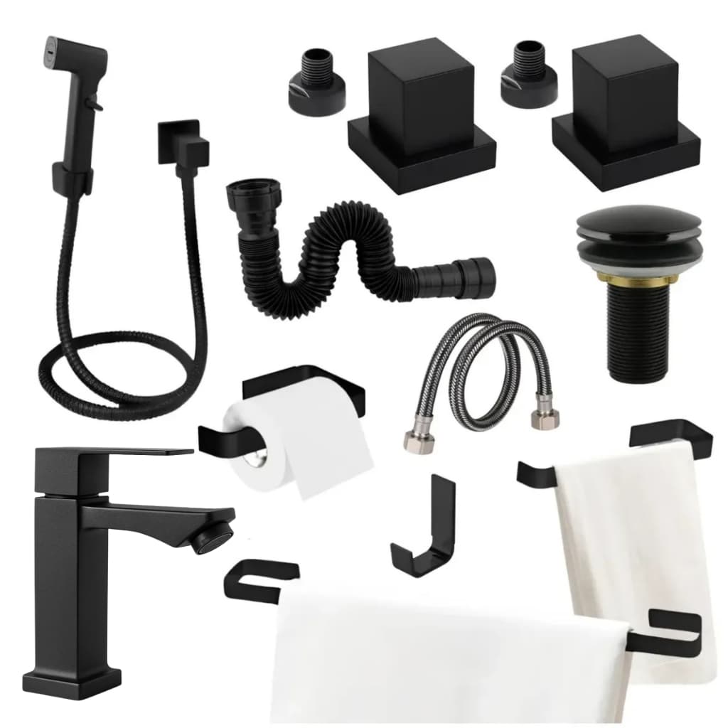 Kit Acessórios Banheiro Completo Preto Fosco Padrão Docol com Torneira e Kit Instalação 