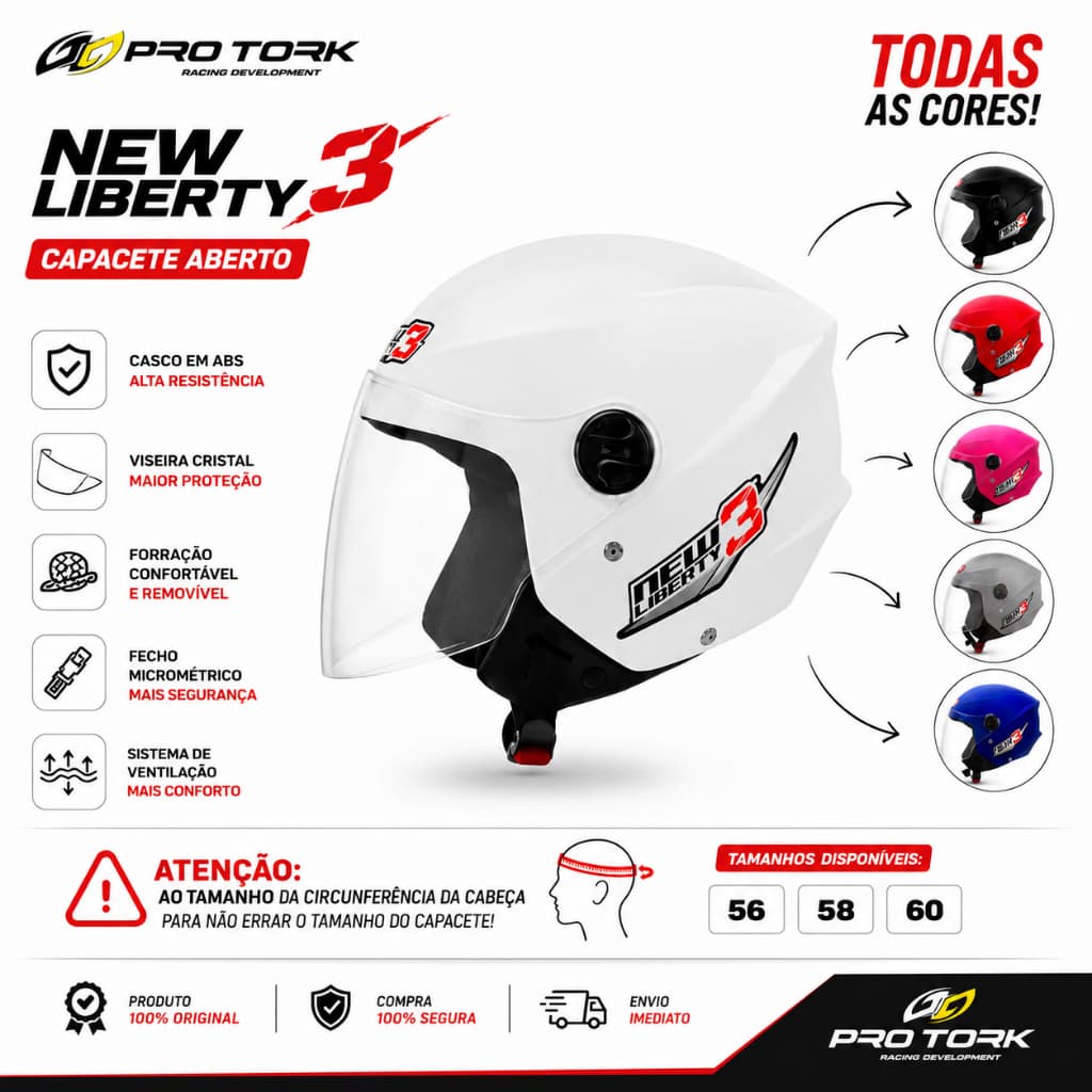 Capacete Moto Pro Tork Aberto New Liberty 3 Viseira Cristal Todas Cores