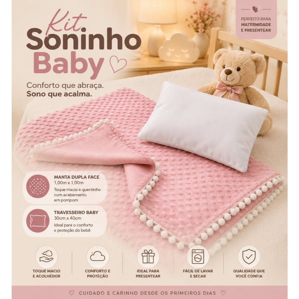 Kit Maternidade Manta Baby Dupla Face 1x1 Com Travesseiro Bebê Presente Chá De Bebê Enxoval Infantil