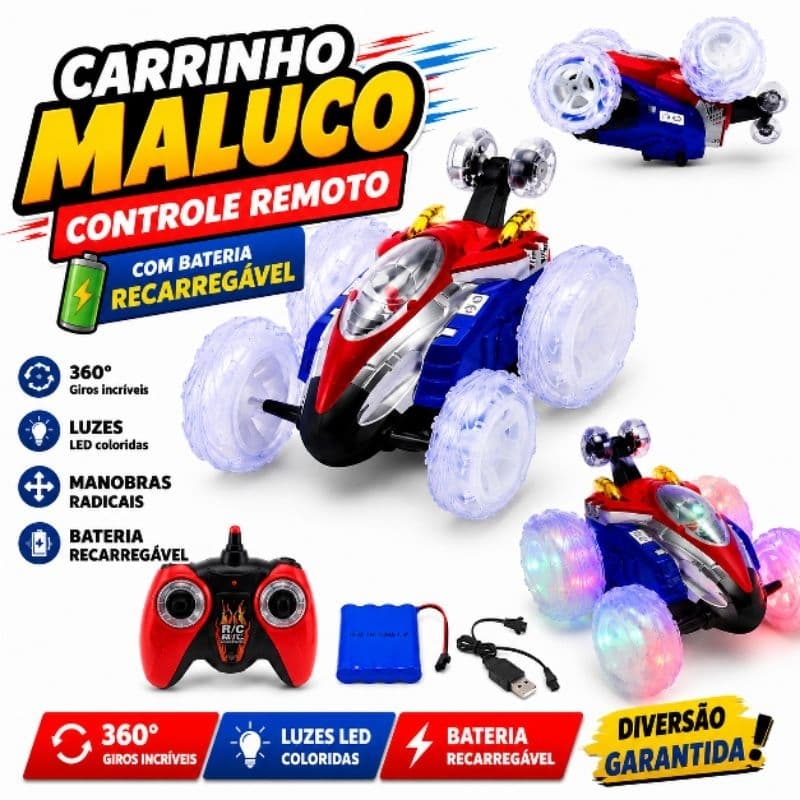 Carrinho Controle Remoto Carrinho  Maluco Gira 360º C/ Luzes Led bateria recarregavel