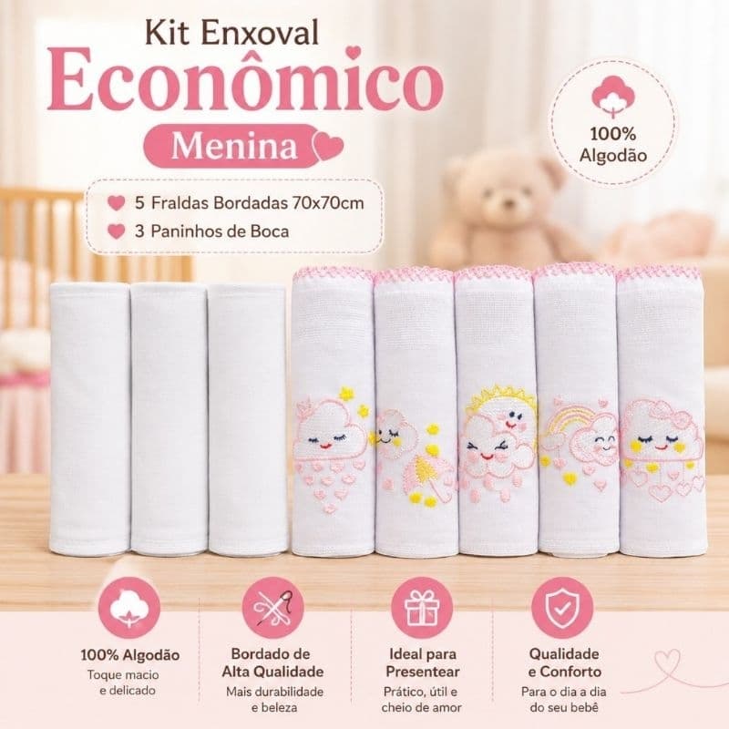Kit Enxoval econômico 5 Fraldas Bordadas 70x70cm + 3 Paninho boca 34x40 cm bebê Recém nascido maternidade enxoval neném
