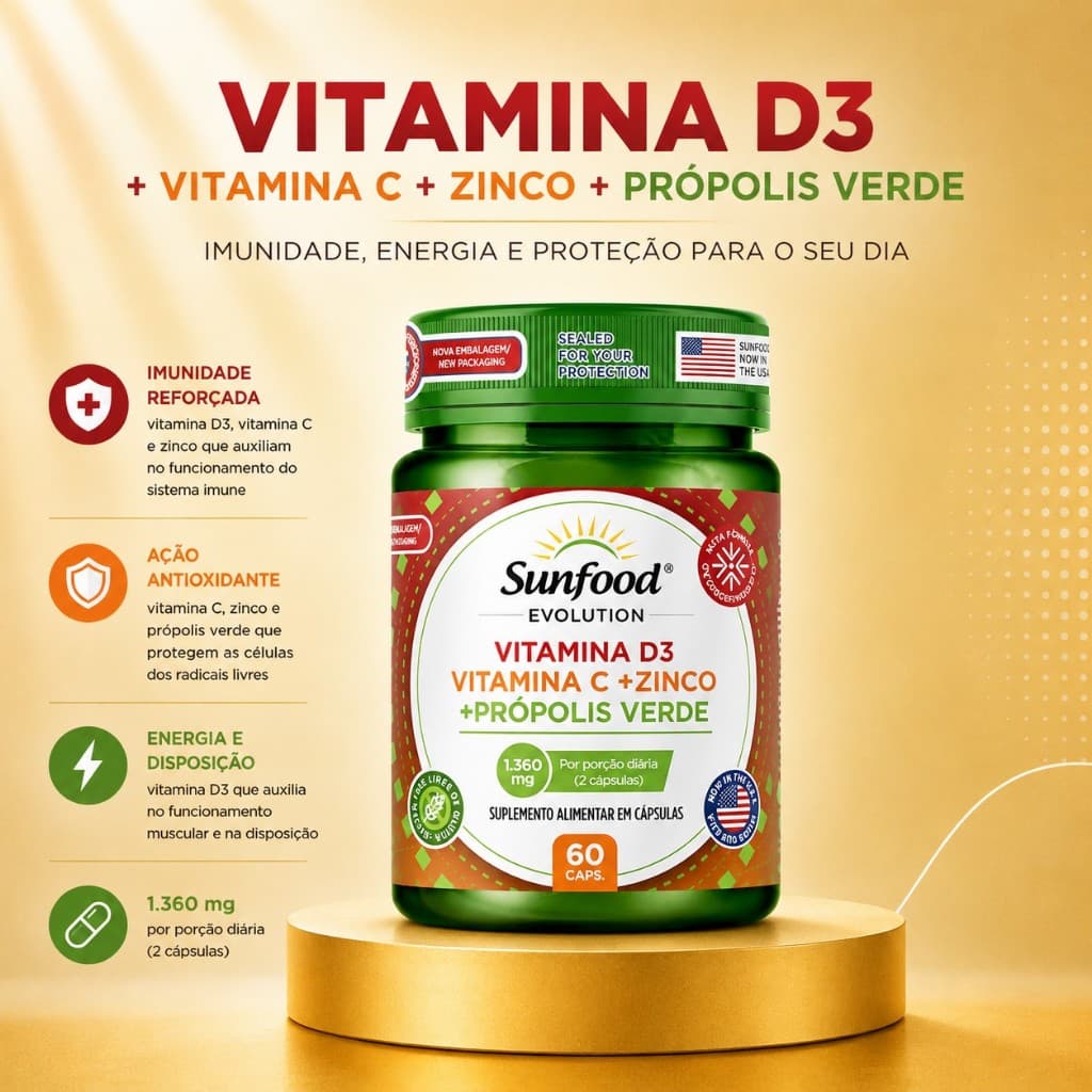 Vitamina D3 Vitamina C Zinco Própolis Verde 60 Cápsulas