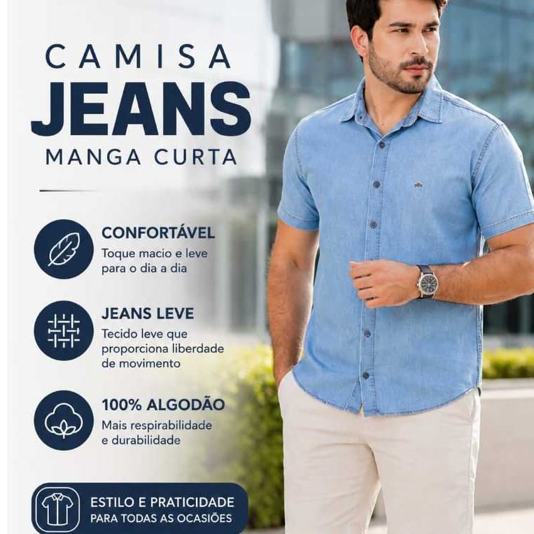 Camisa Jeans Masculina Slim Fit Manga Curta Social Algodão de  Botão Alta Qualidade