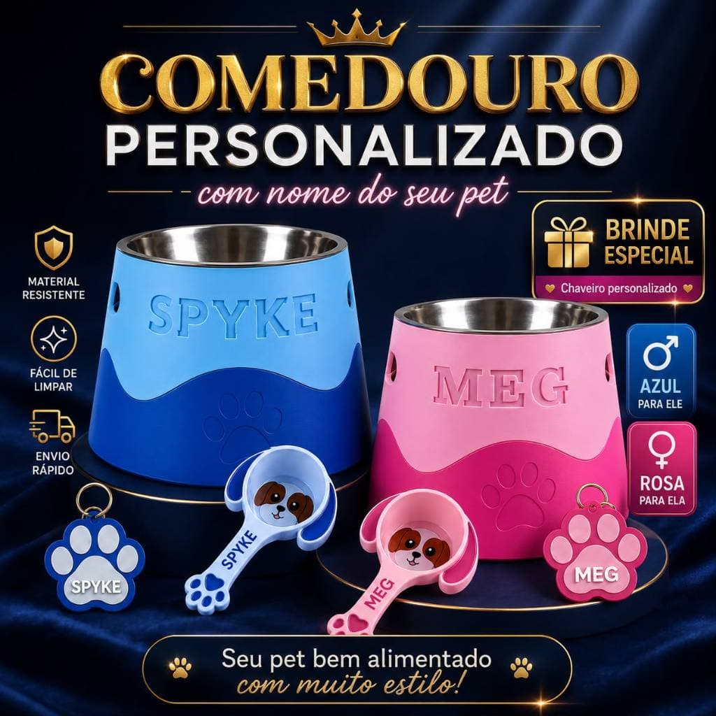 Kit Comedouro e Dosador de Ração Personalizado com Nome do Pet | Cachorro Gato