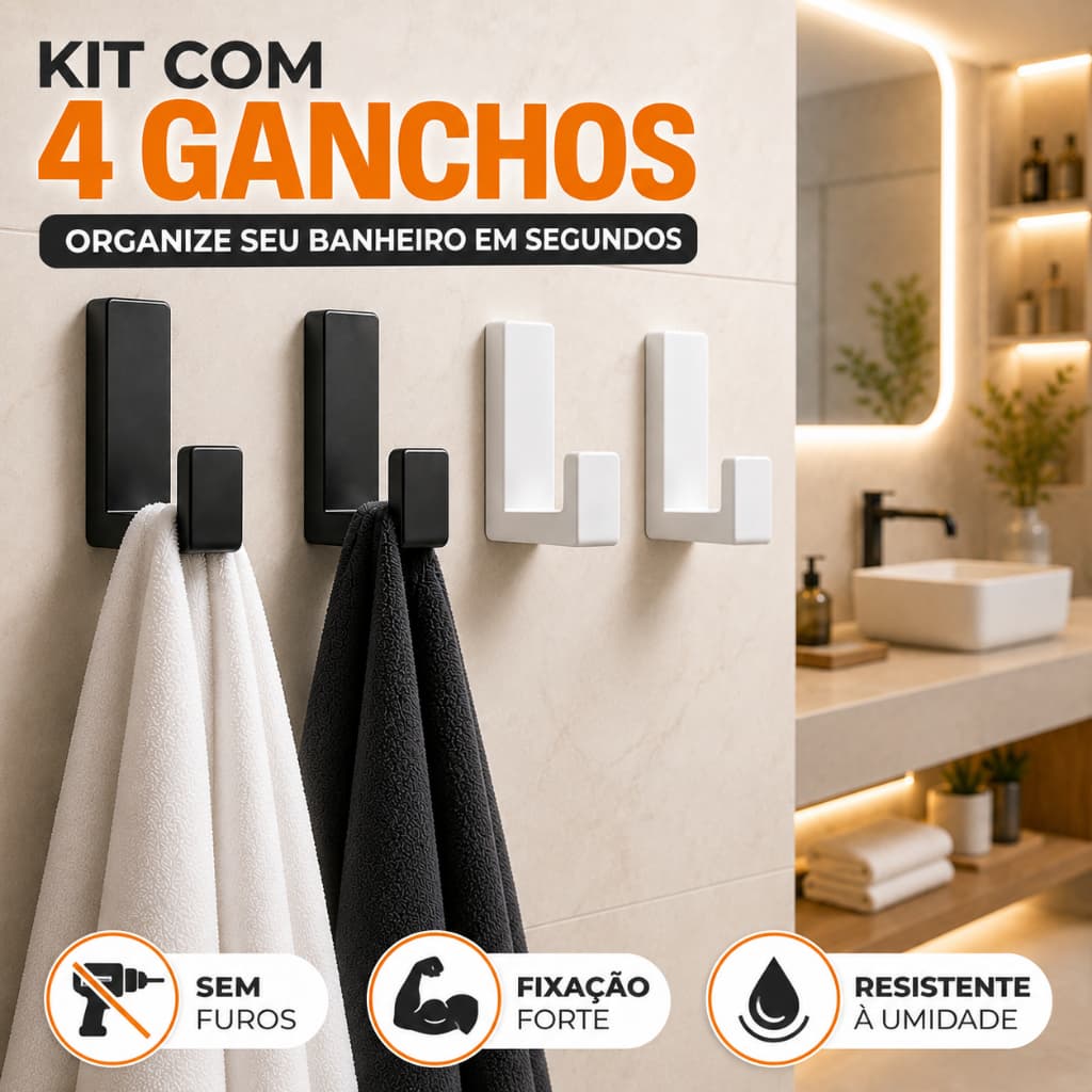 Kit Gancho Multiuso Com Fita 3M Porta Toalha Organizador Banheiro Cozinha Alta Fixação