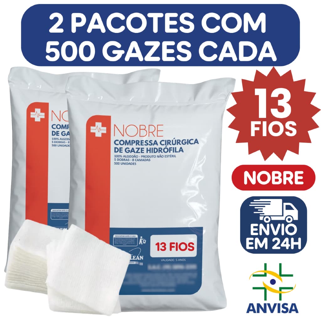 2x Pacotes Gazes Nobre 13 Fios Não Estéril Kit com 1000 Un Gaze p/ Curativo Ferimento e Machucado NF