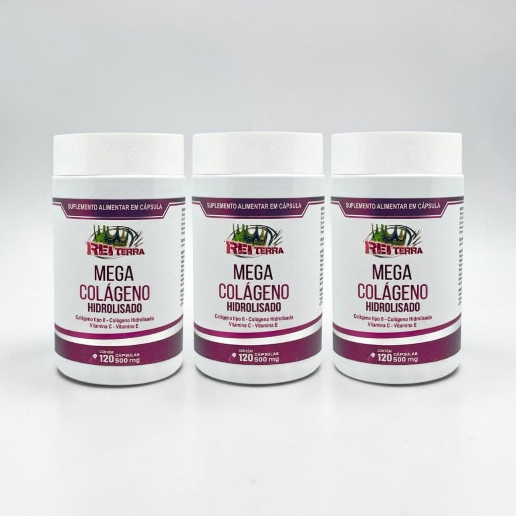 Kit 3 Mega Colágeno Hidrolisado + Colágeno Tipo 2 + Vitamina C + Vitamina E 360 Cápsulas - Rei Terra