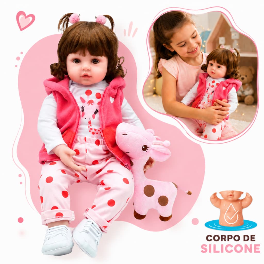 Boneca Bebê Reborn Silicone Realista Com Girafinha Mamadeira Chupeta Acessórios Presente Menina