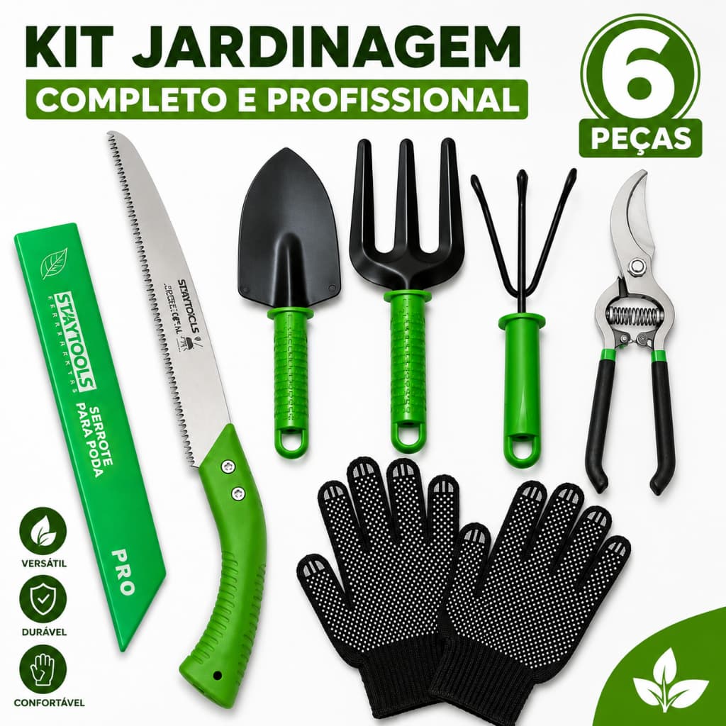 Kit Jogo Jardinagem 6 Peças Tesoura Serrote Jardim Pá Garfo Luva Completo Profissional