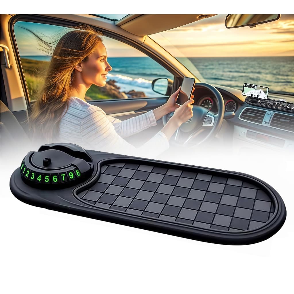 Esteira Antiderrapante 4 em 1 para Painel de Carro Suporte Celular 360° Placa Estacionamento Silicone Antiderrapante