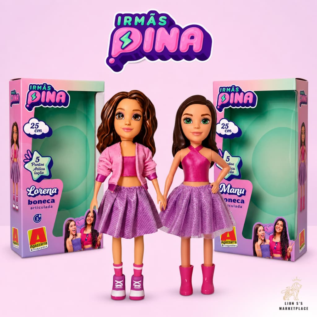 Boneca Irmãs Pina Manu e Lorena Articuladas Colecionável 25cm