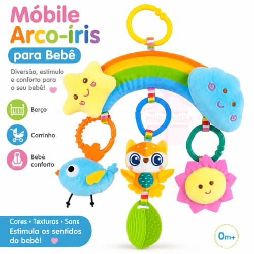 Móbile Bebê Arco-Íris Fofo Macio Sensorial Chocalho Mordedor para Carrinho Berço Bebê Conforto