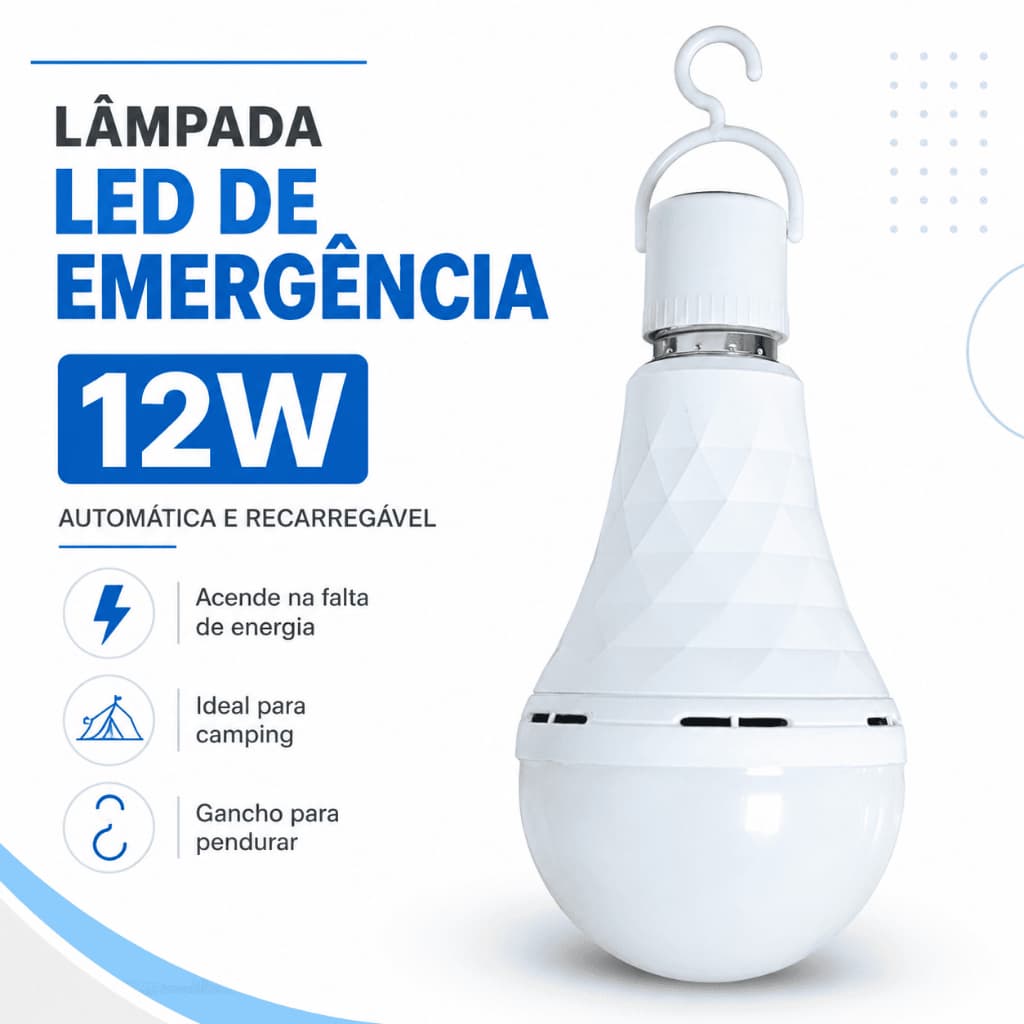 Lâmpada De Emergência Automática 12W Potente P/ Camping 3.7v Recarregável Led Luminária