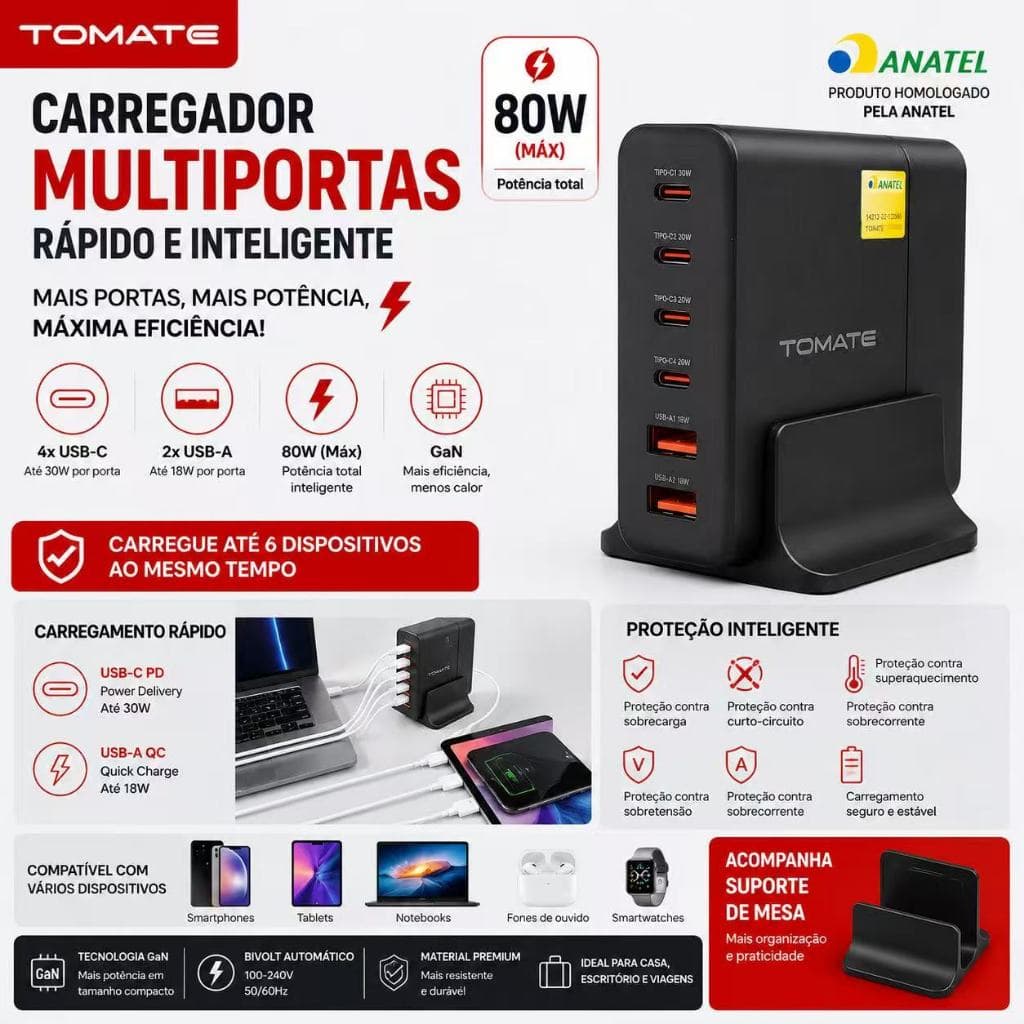 Carregador GaN 80W Rápido Estação de Carregamento 6 Portas USB-C USB Bivolt para Celular Tablet
