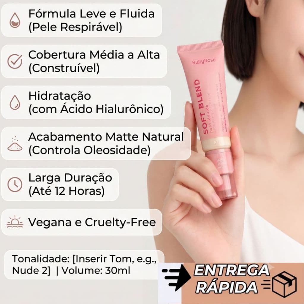 Base Liquida Ruby Rose Solft 30mg Maquiagem Make Base Cobertura/famosa/kit/conjunto/tendencia/