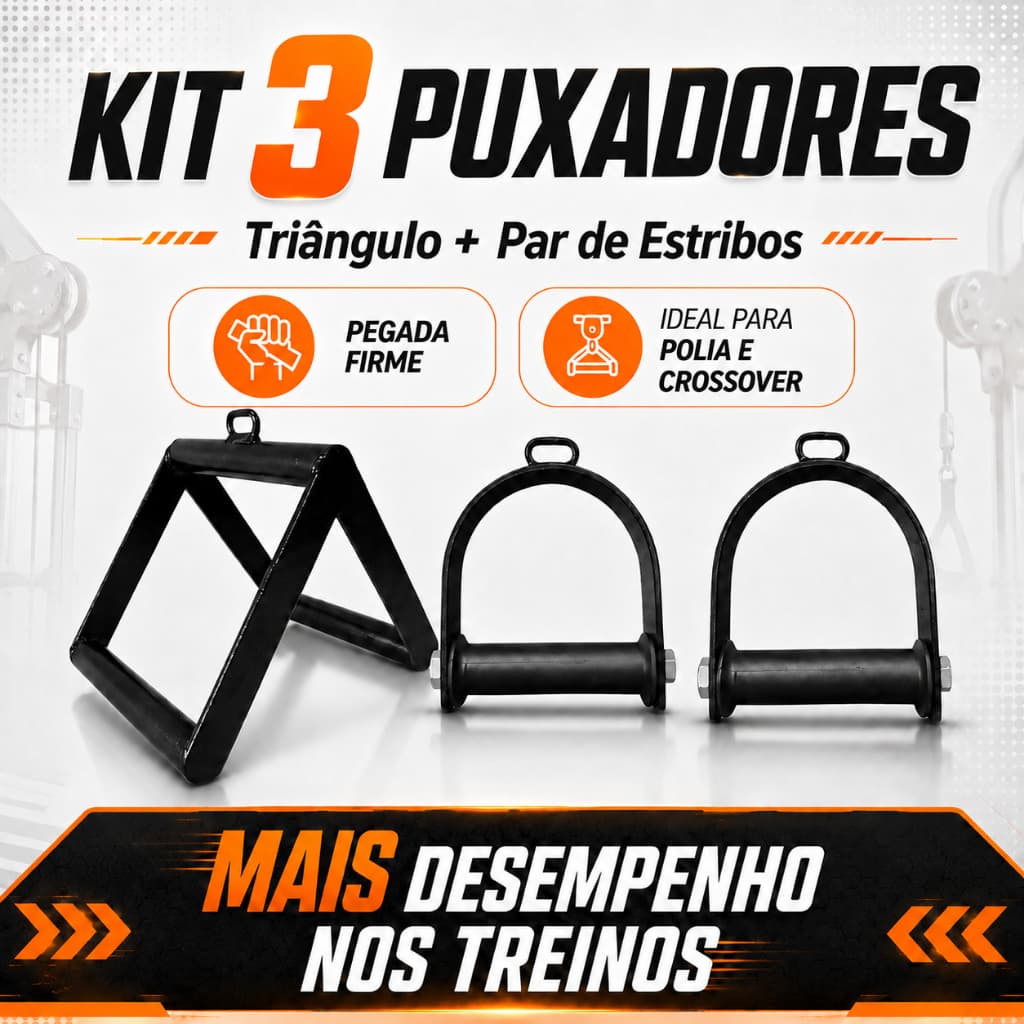 Kit 3 Puxadores Triângulo Remada Cavalinho Estribos Fechado CrossOver Academia Musculação Treino